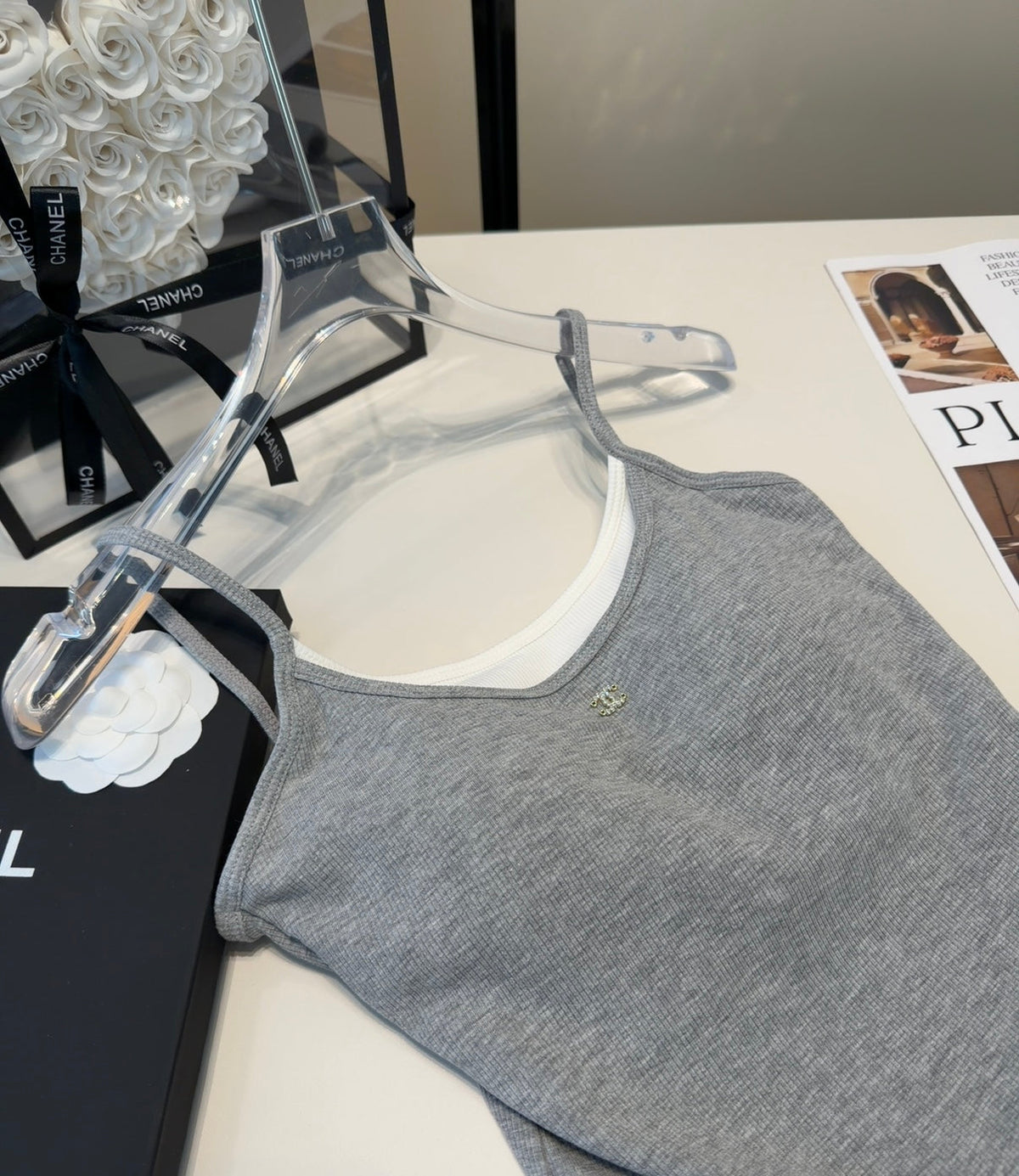 Chanel Rib-Knit Tank Top Dark Grey Cotton Polyamide 185829