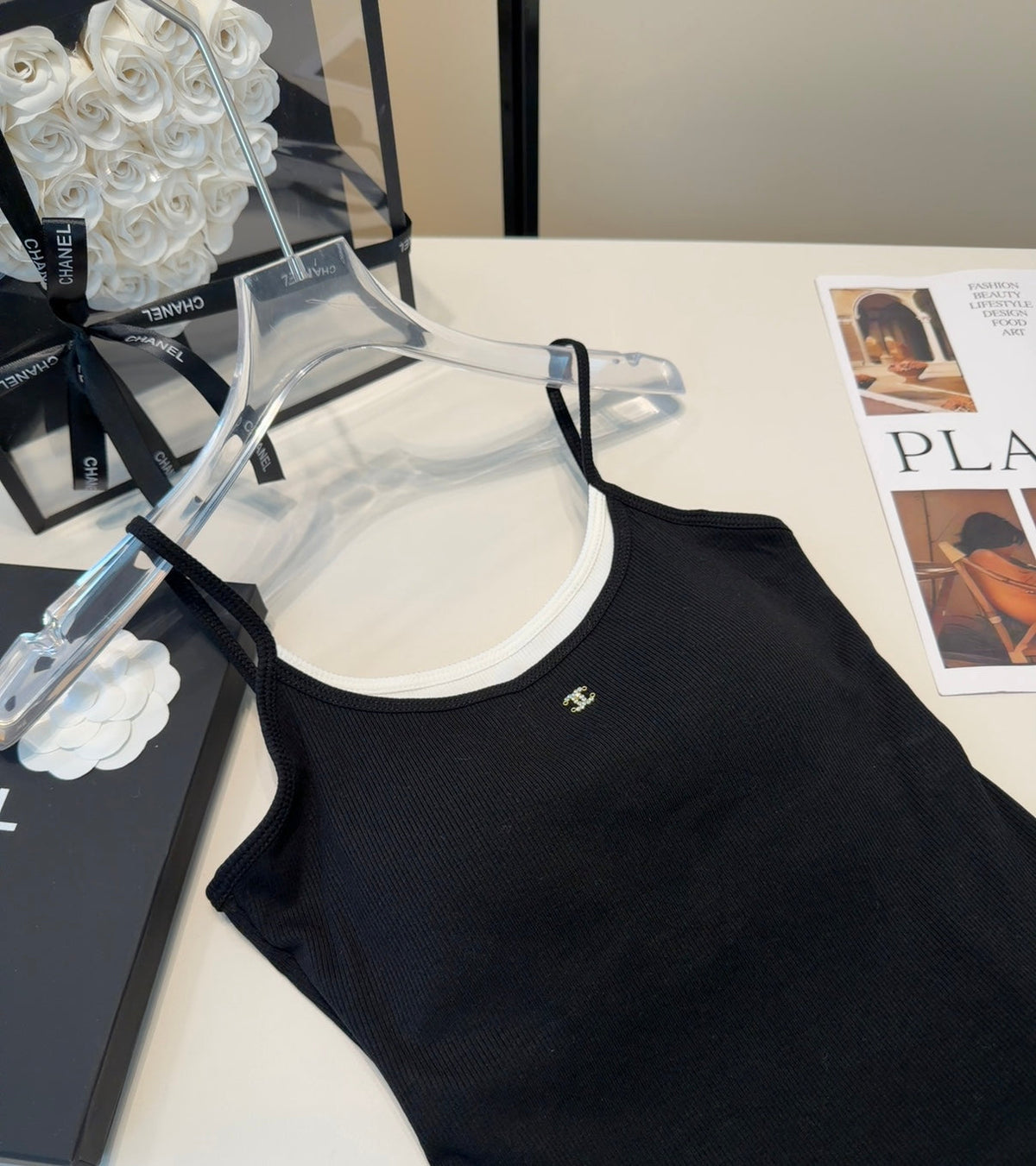 Chanel Rib-Knit Tank Top Black Cotton Polyamide 185830