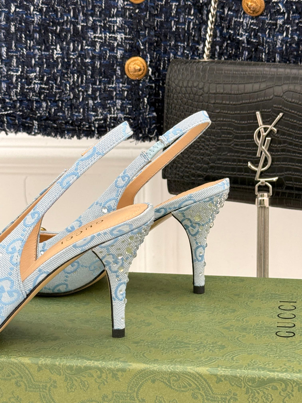 GG Horsebit Slingback 85MM Beige Cloud Blue Monogram Canvas Point Toe Crystal-Embellished