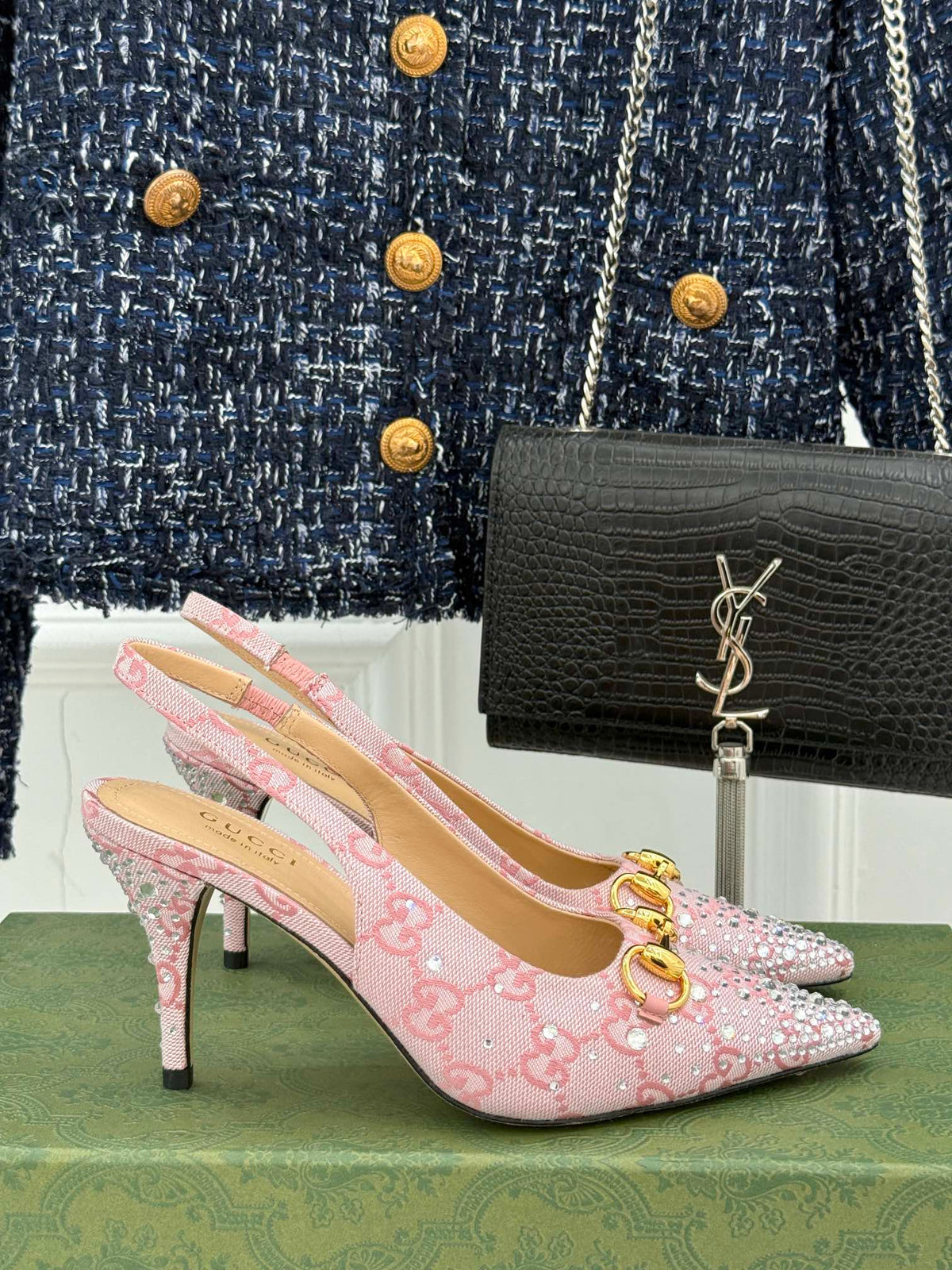 GG Horsebit Slingback 100MM Beige Pink Monogram Canvas Point Toe Crystal-Embellished