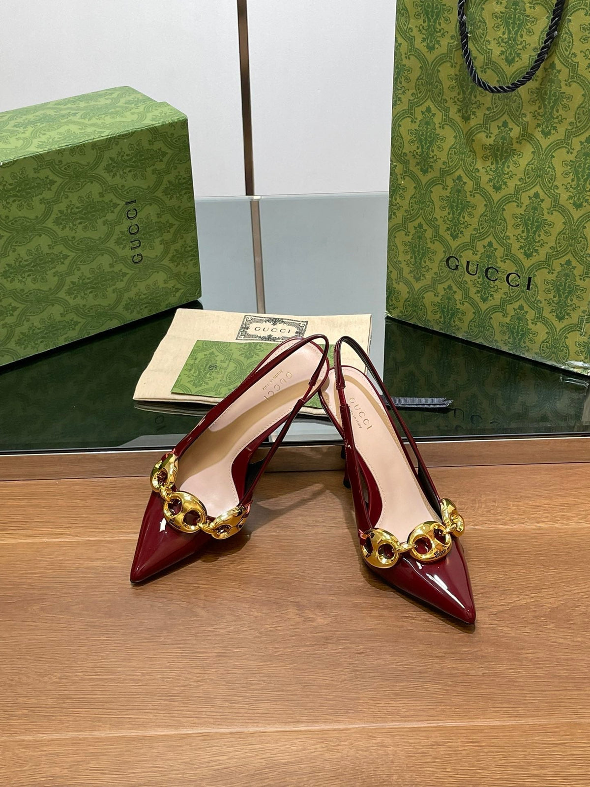 GG HIGH SLINGBACK 10.5 CM IN WINE RED GLOSSY CALFSKIN
