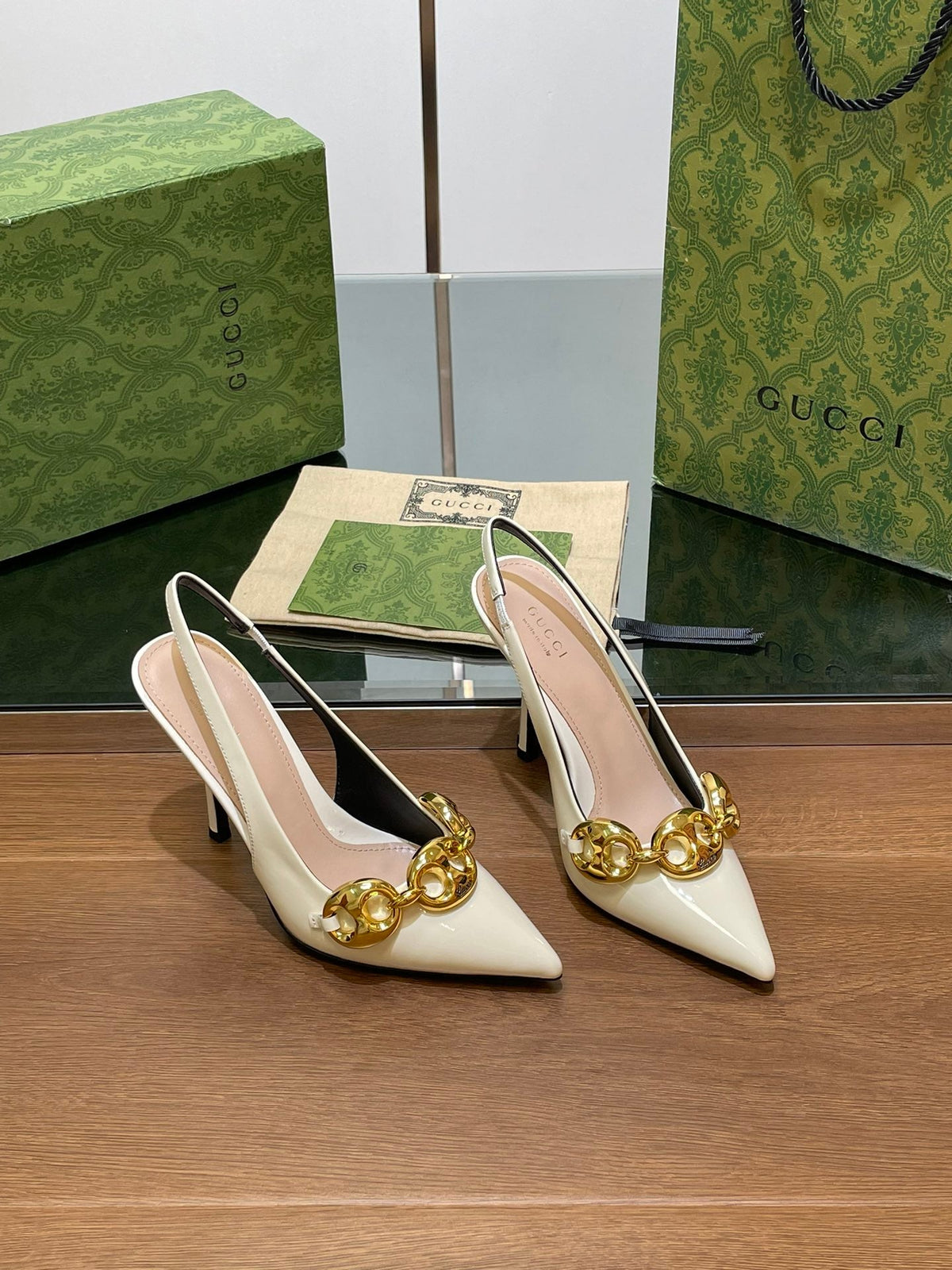 GG HIGH SLINGBACK 10.5 CM IN WHITE GLOSSY CALFSKIN