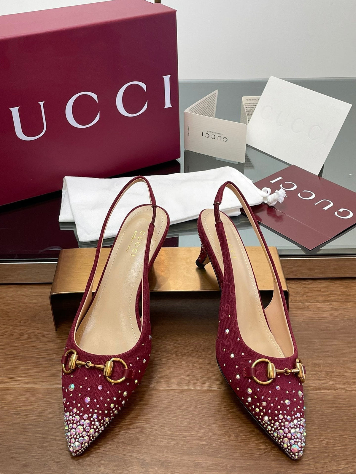 GG Horsebit Slingback 45MM Red Ebony Monogram Canvas Point Toe Crystal-Embellished