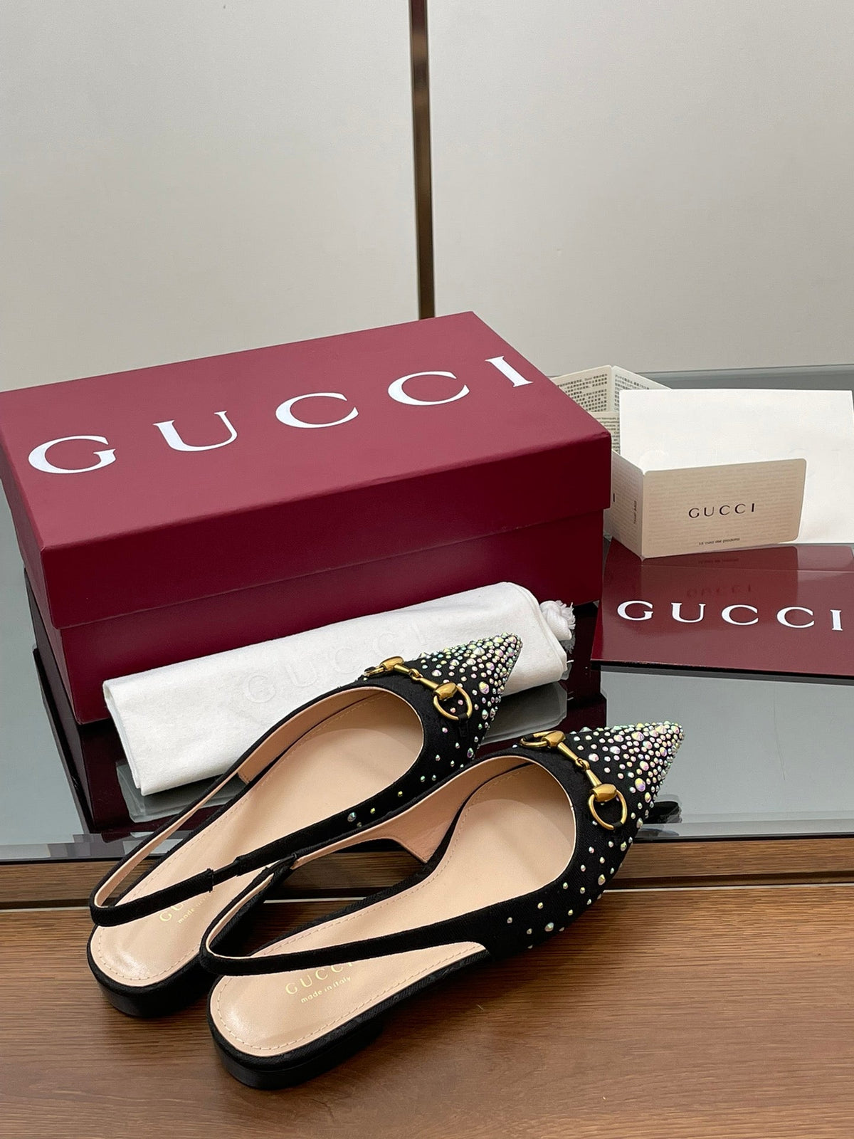 GG Horsebit Slingback Flat Black Ebony Monogram Canvas Point Toe Crystal-Embellished