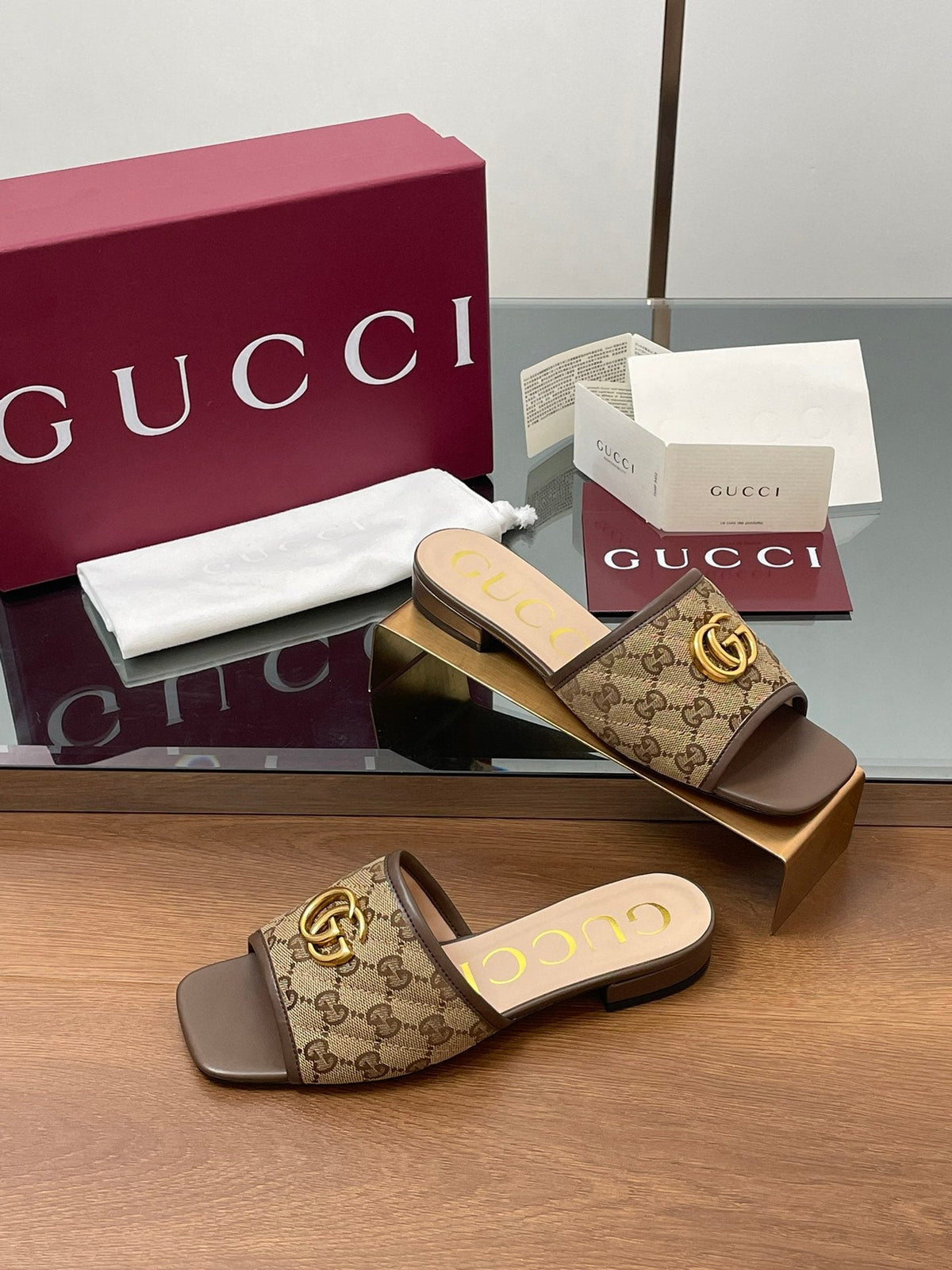 GG Matelasse Slide Sandals Dark Brown Canvas Sheepskin 646488