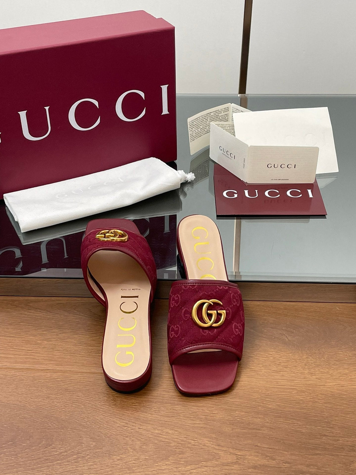 GG Matelasse Slide Sandals Burgundy Canvas Sheepskin 646489