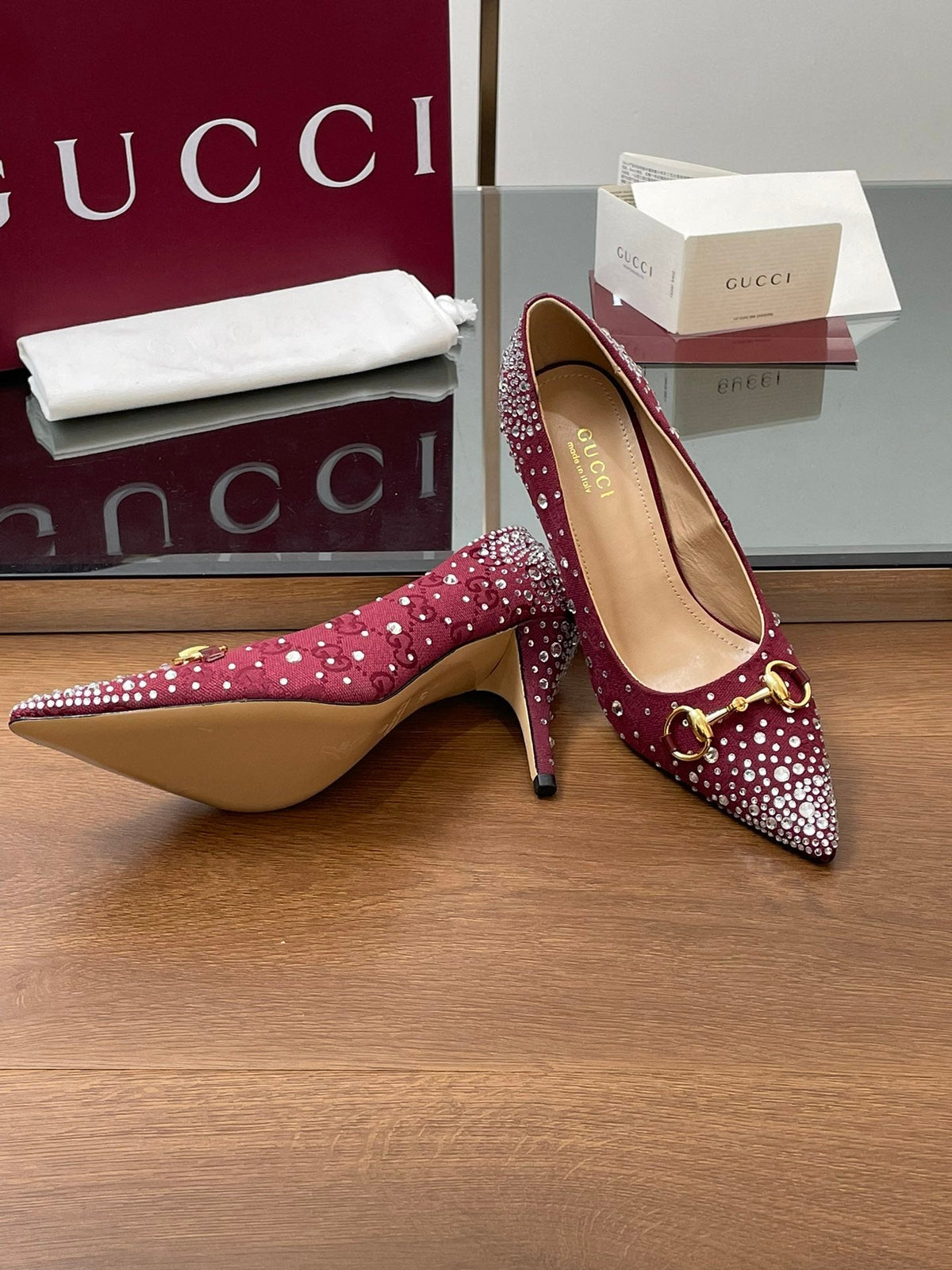 GG Horsebit Pump 85 Red Ebony Monogram Canvas Crystal-Embellished