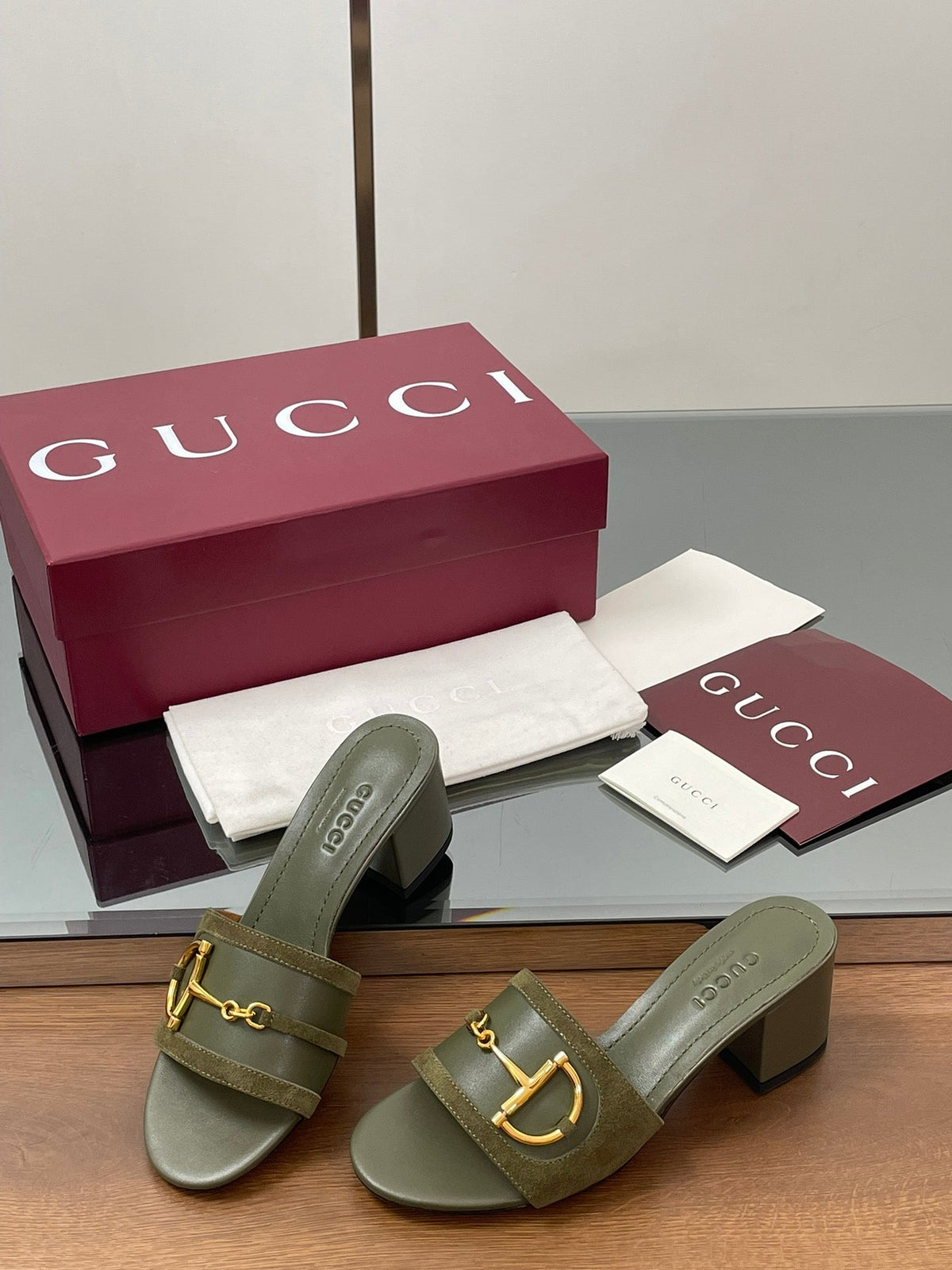 GG D-Shaped Sandals 5.5cm Olive Green Suede Sheepskin 646472