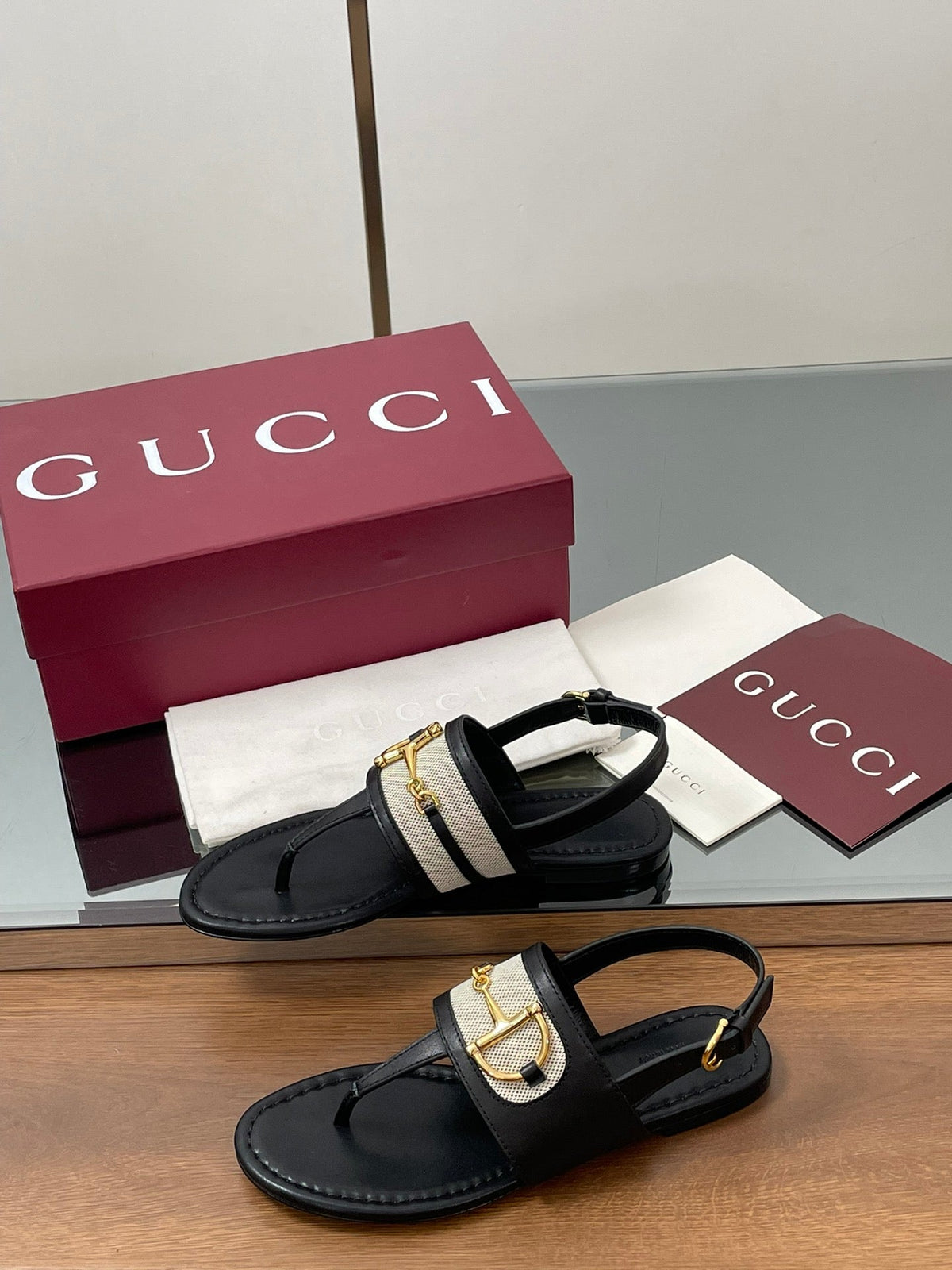 GG Horsebit Thong Flat Sandals Black Sheepskin Canvas 646469