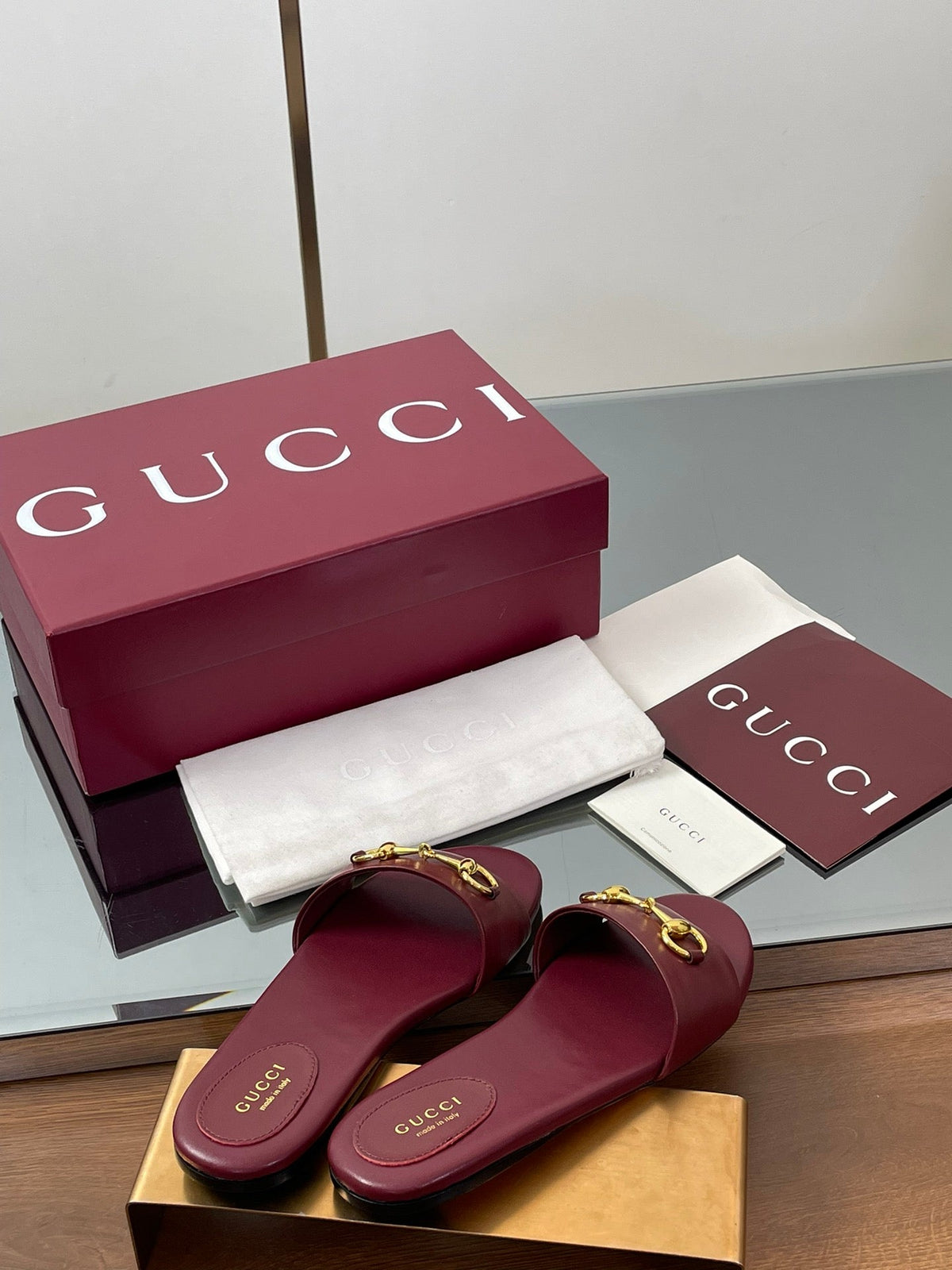 GG Horsebit Slide Sandals Burgundy Sheepskin 646547