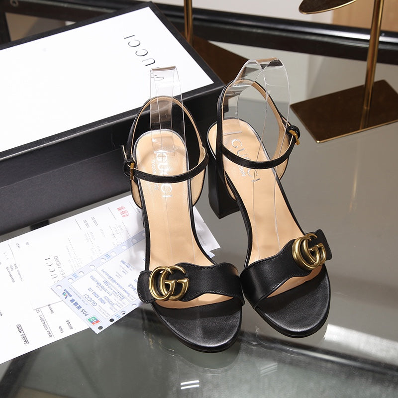 GG Marmont Ankle Strap Sandal 8cm Black Sheepskin 342564