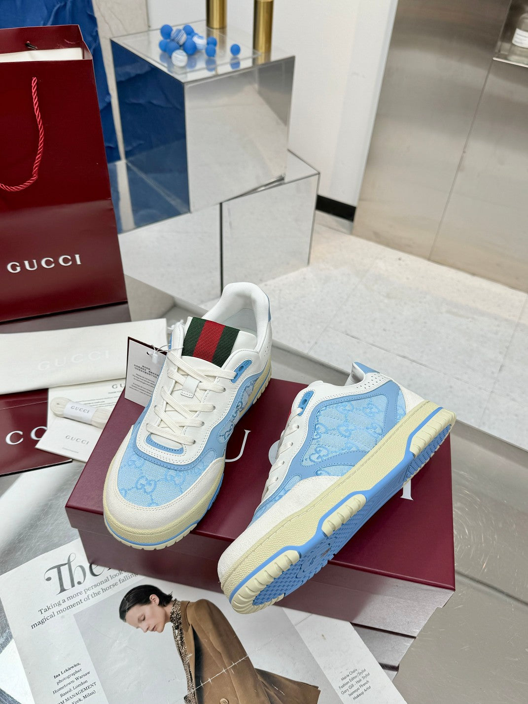 GG Re-Web Sneakers Light Blue White Suede Cowhide Fabric 564719