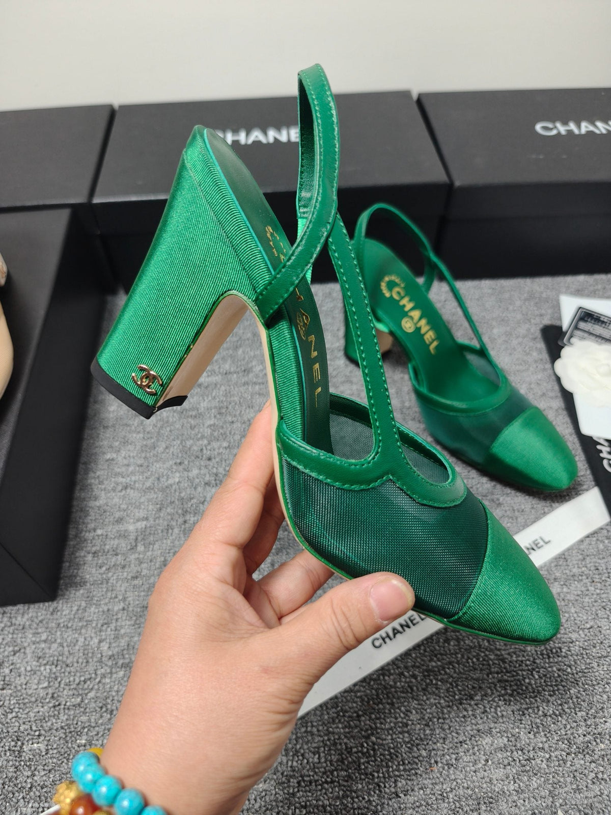 CC 26s Slingback 9.5cm Green Mesh Fabric Sheepskin 681987