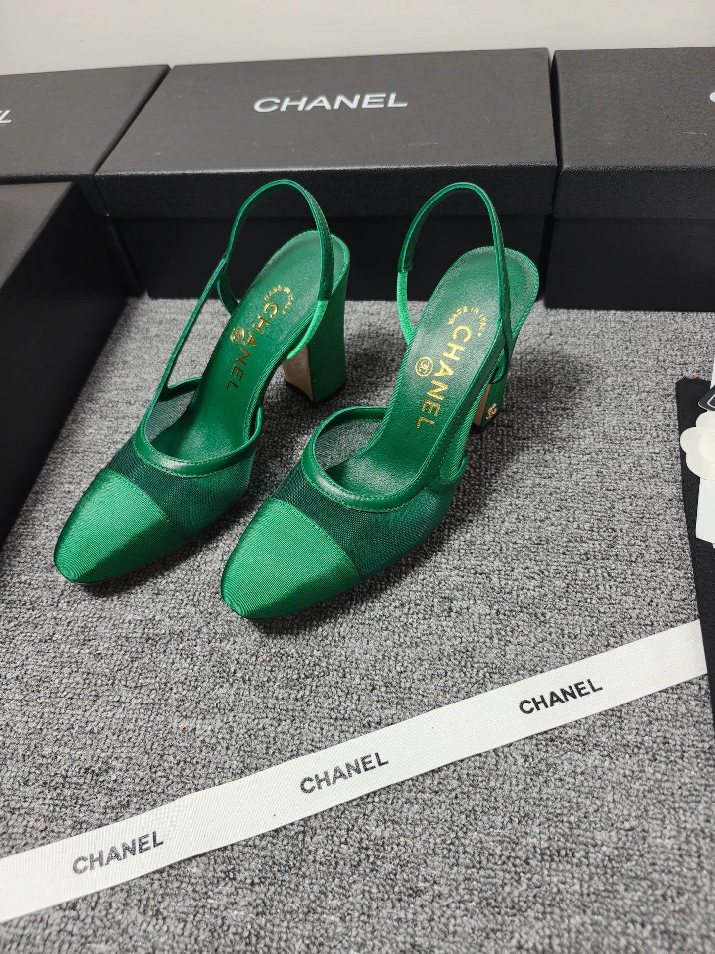 CC 26s Slingback 9.5cm Green Mesh Fabric Sheepskin 681987
