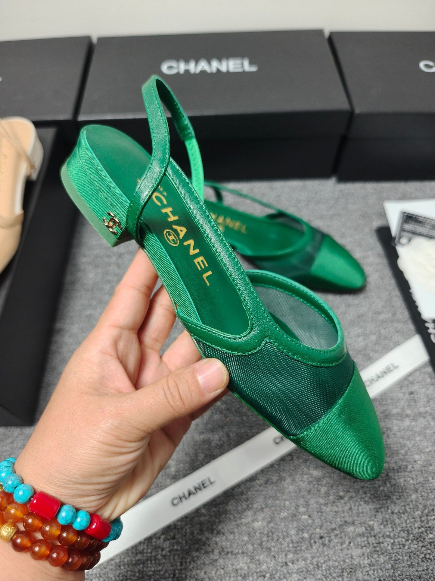 CC 26s Slingback Green Mesh Fabric Sheepskin 681999