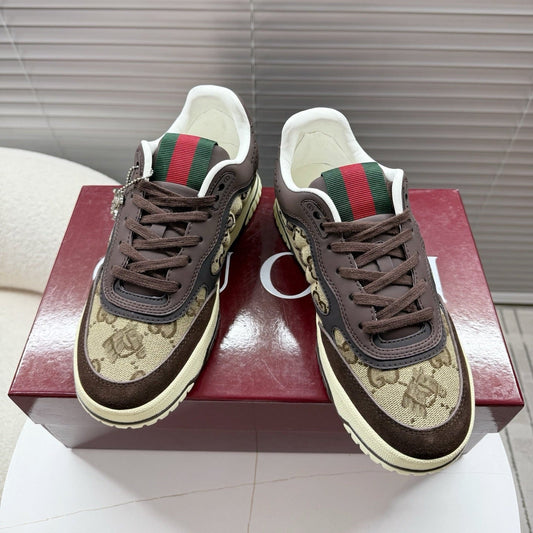 Gucci 26s Mac80 Sneaker In Beige Canvas And Dark Brown Leather