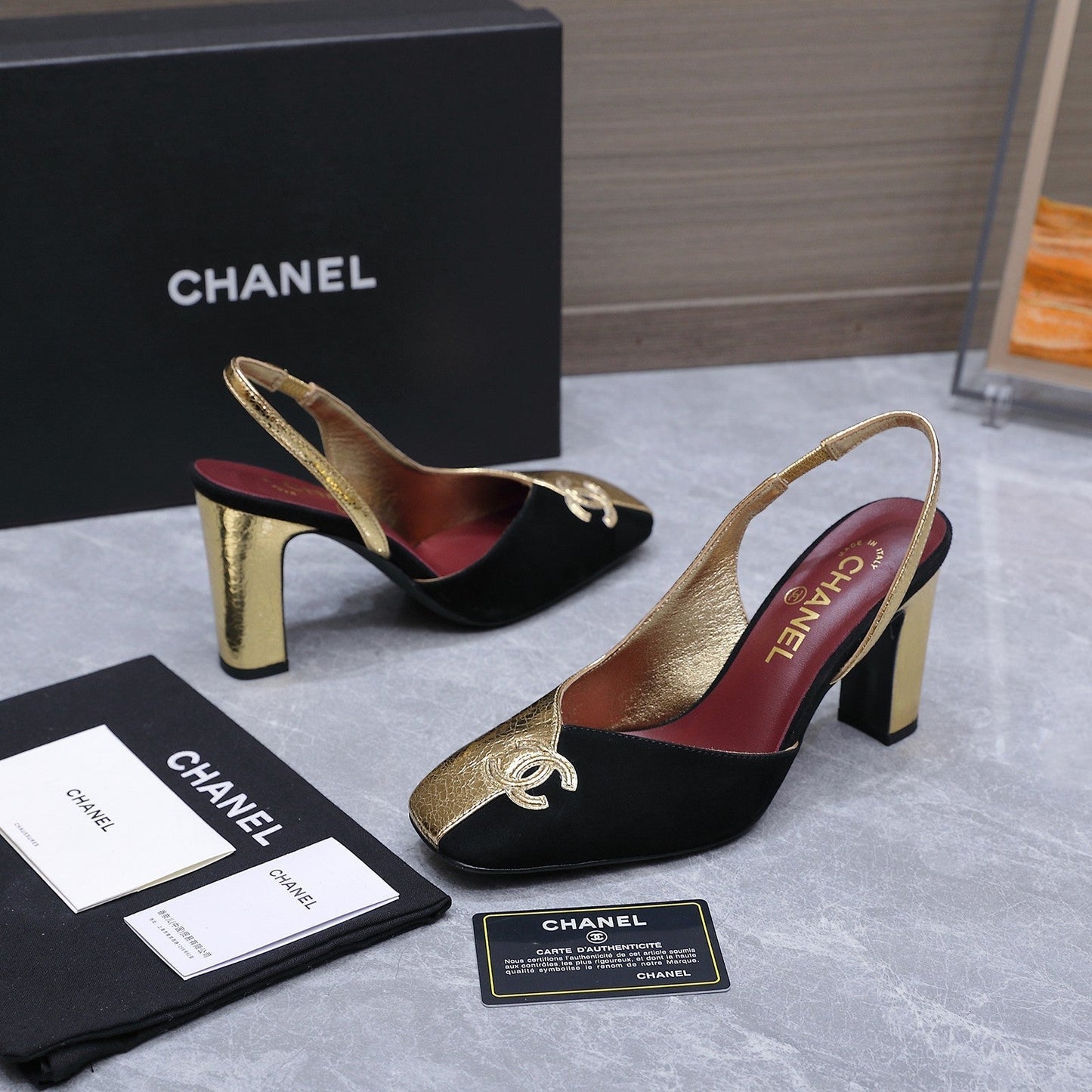 Chanel 2026 High-Heeled Slingback 85mm Black Gold Suede Leather 758409