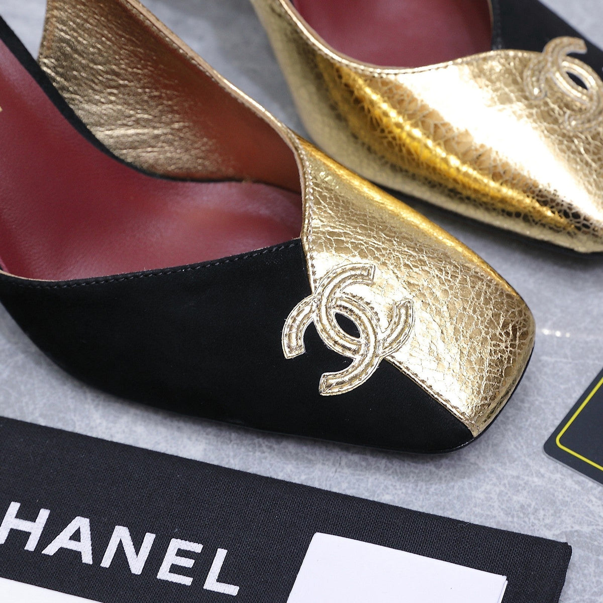Chanel 2026 High-Heeled Slingback 60mm Black Gold Suede Leather 758409