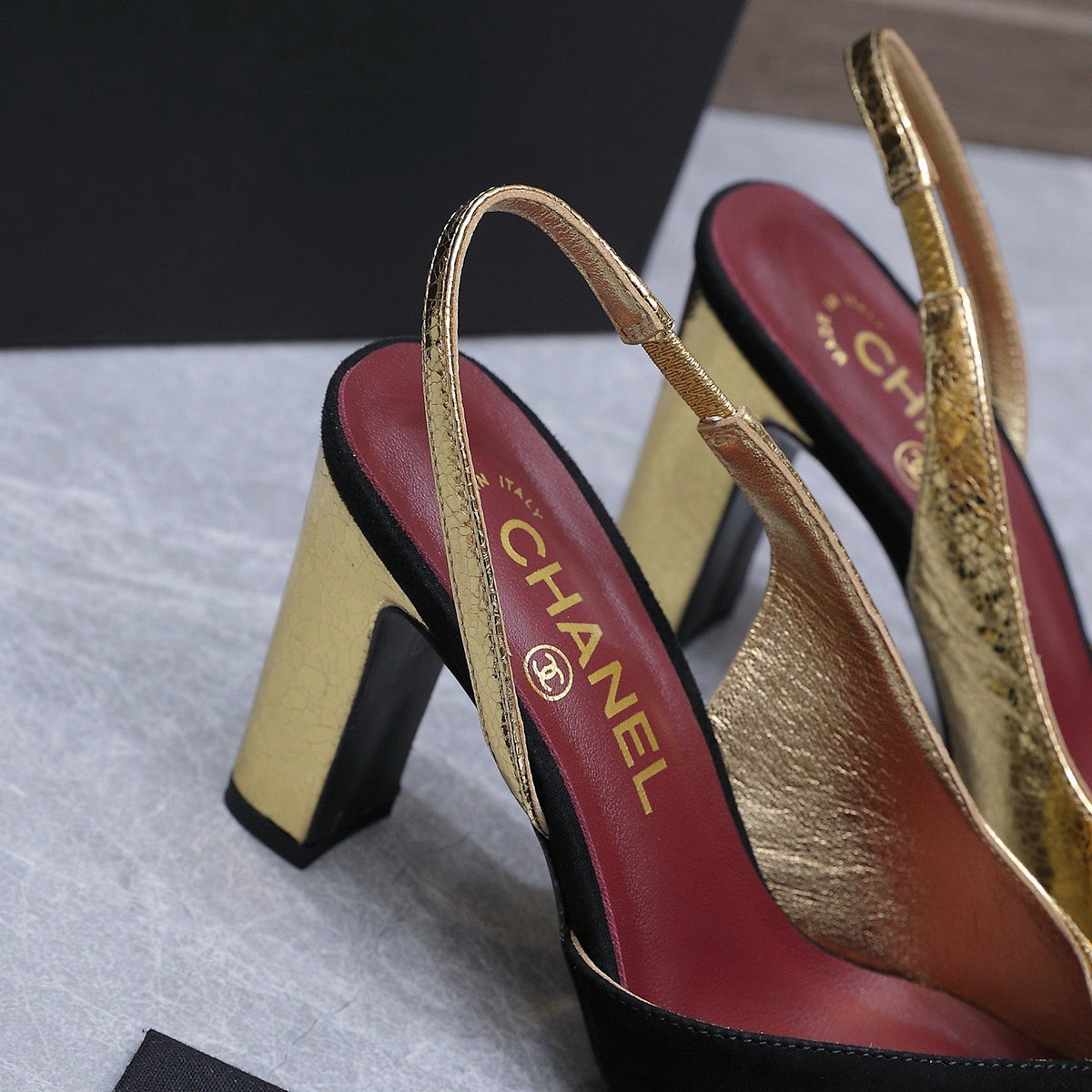 Chanel 2026 High-Heeled Slingback 60mm Black Gold Suede Leather 758409