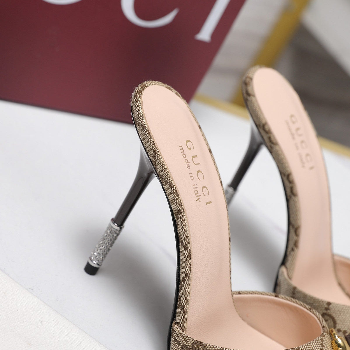 GG 26s Mules Crystal-Embellished Stiletto Heels Beige Canvas 961231