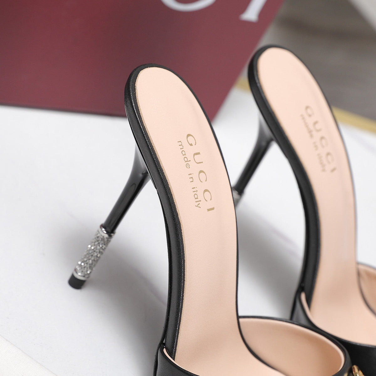 GG 26s Mules Crystal-Embellished Stiletto Heels Black Calfskin 961237