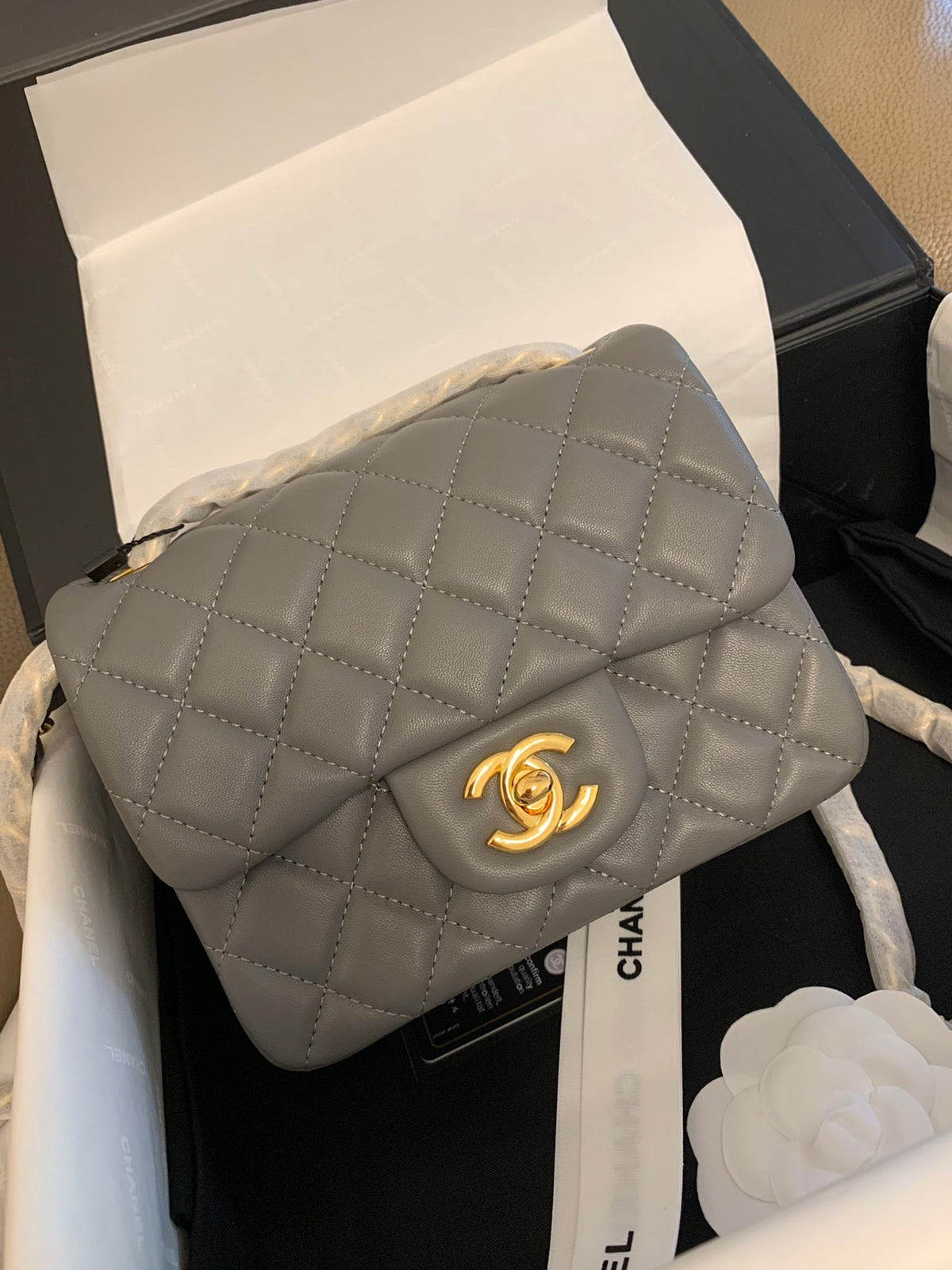 Mini Square Flap Bag 17cm Dark Grey Calfskin Gold Hardware