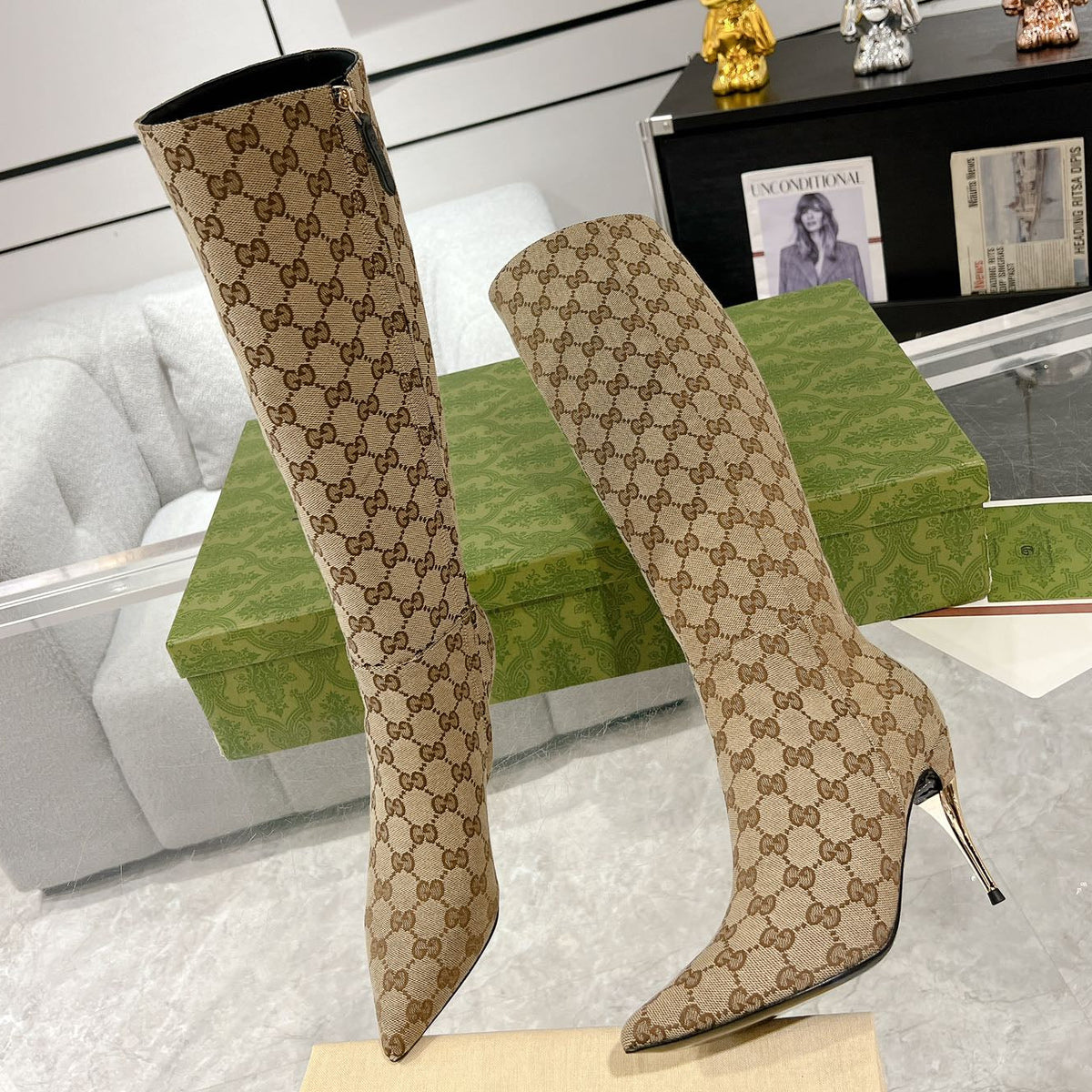 GG 2026 High-Heeled Boot Beige Canvas Leather 953419