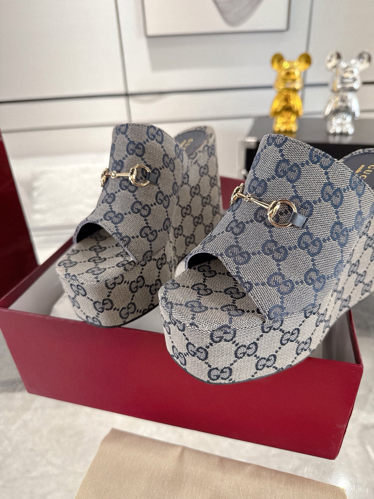 GC Wedge With Horsebit Sandal Gray Blue Canvas 292420