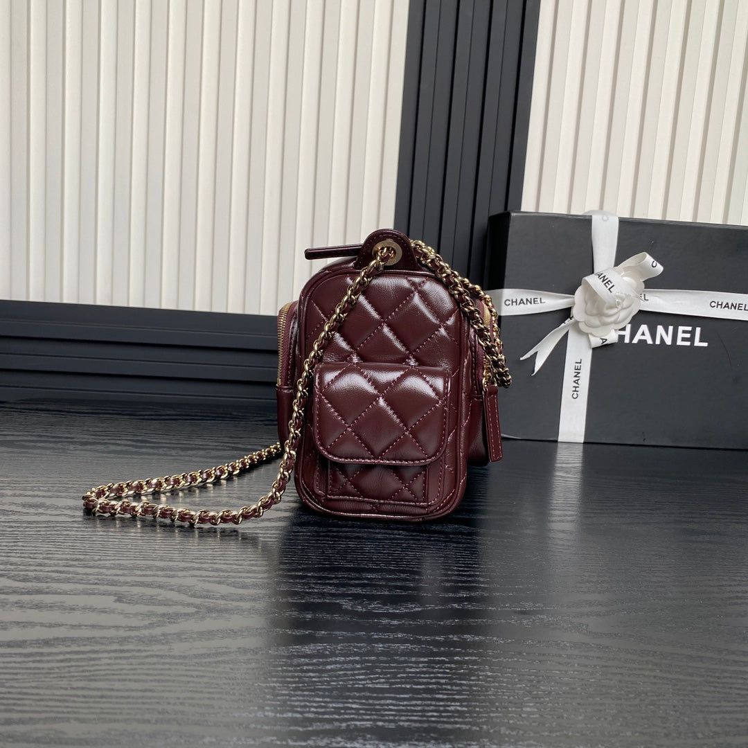 24K Camera Bag Burgundy Calfskin Gold Hardware