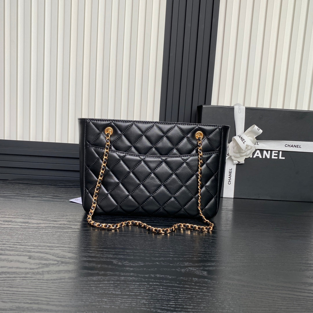 24K Shopping Bag 28cm Black Calfskin Gold Hardware