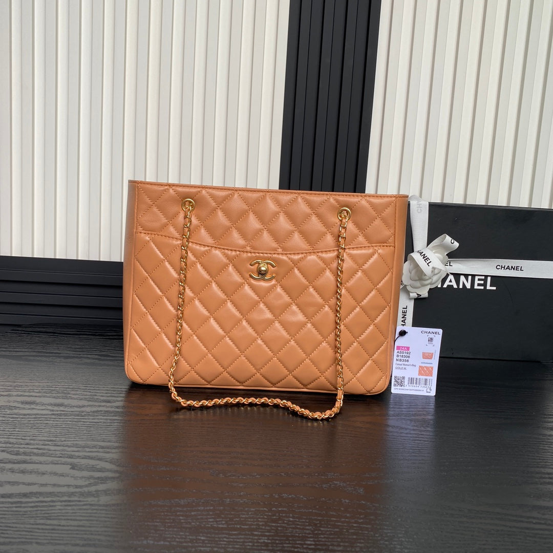 24K Shopping Bag 32cm Brown Calfskin Gold Hardware