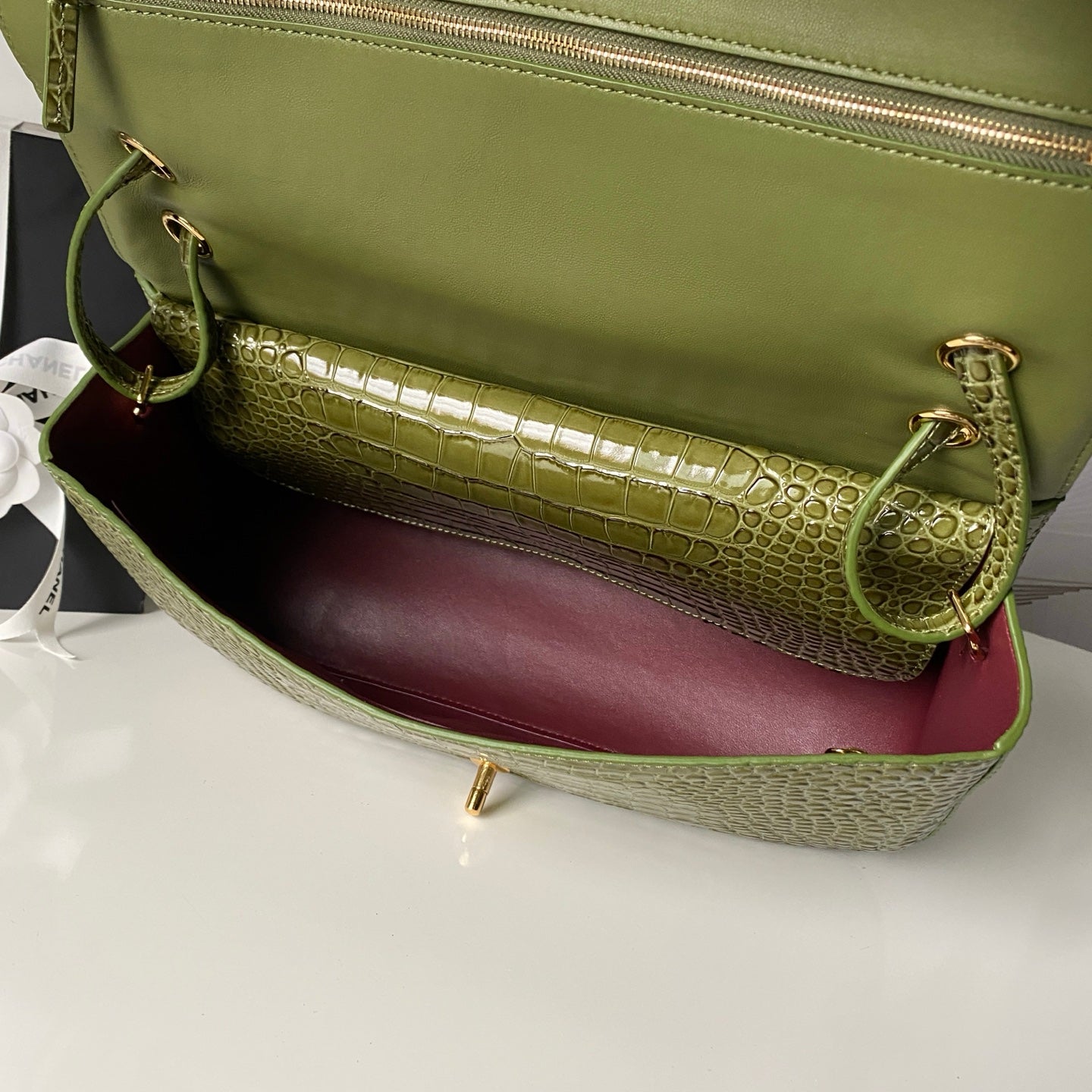 CC Croc Embossed Flap Bag 32cm Olive Imported Leather