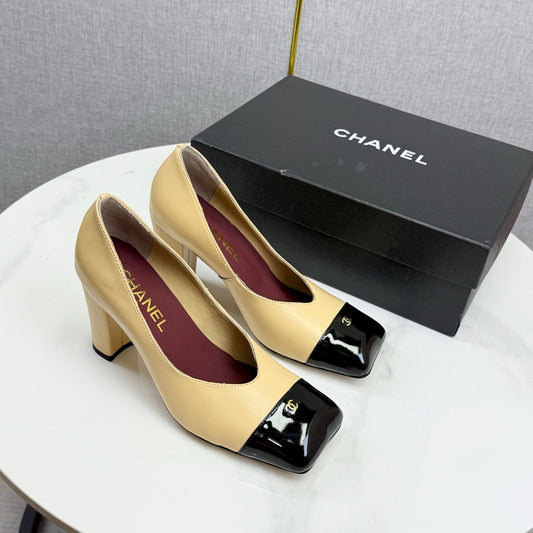 CC Square Toe Slingback Black Beige Sheepskin Patent Leather 541129
