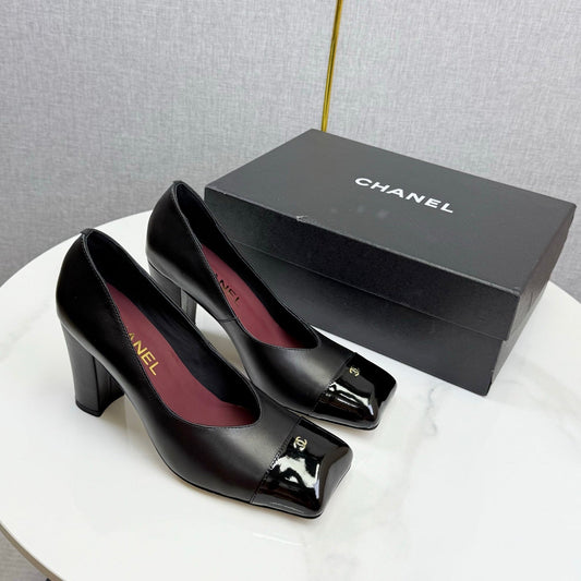 CC Square Toe Slingback Black Sheepskin Patent Leather 541131