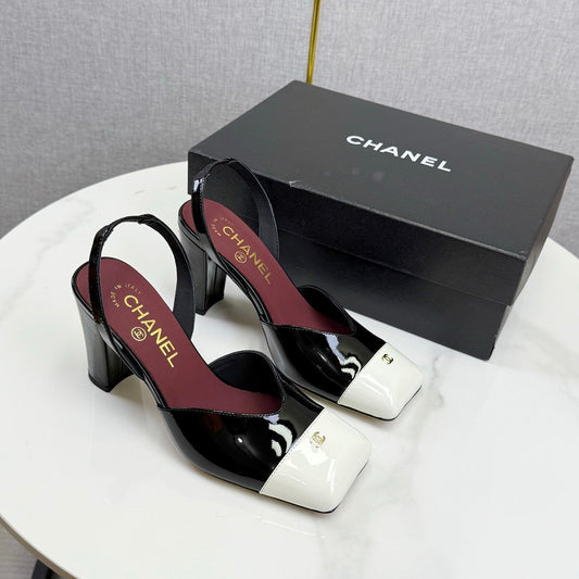 CC 25FW Square Toe Slingback Black White Patent Leather 541133