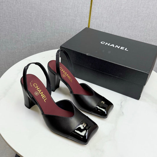 CC 25FW Square Toe Slingback Black Sheepskin Patent Leather 541134