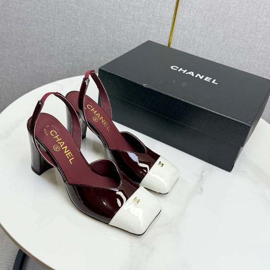 CC 25FW Square Toe Slingback White Dark Burgundy Patent Leather 541136