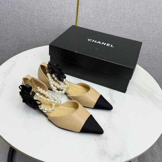 CC 25K New Pearl Chain Slingback Black Beige Sheepskin Fabric 541066