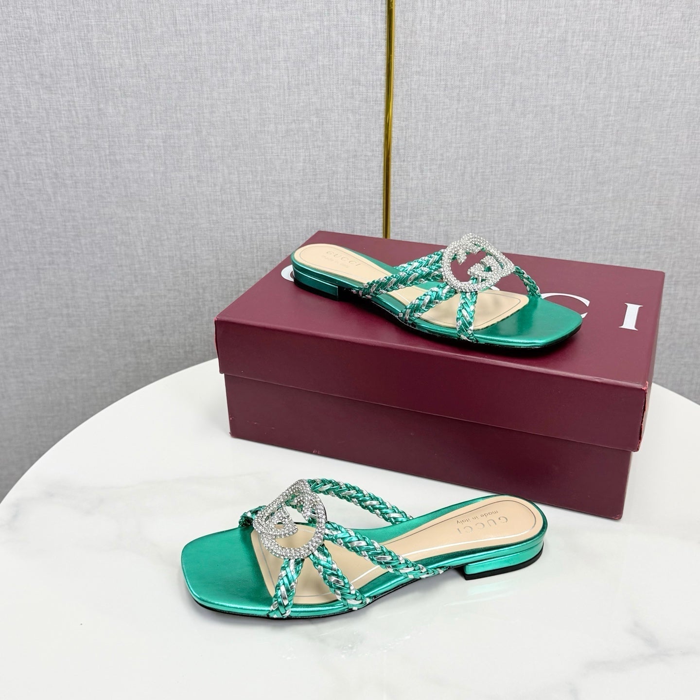 GG 26s Slippers With Crystal Interlocking G Teal Green Leather 639931