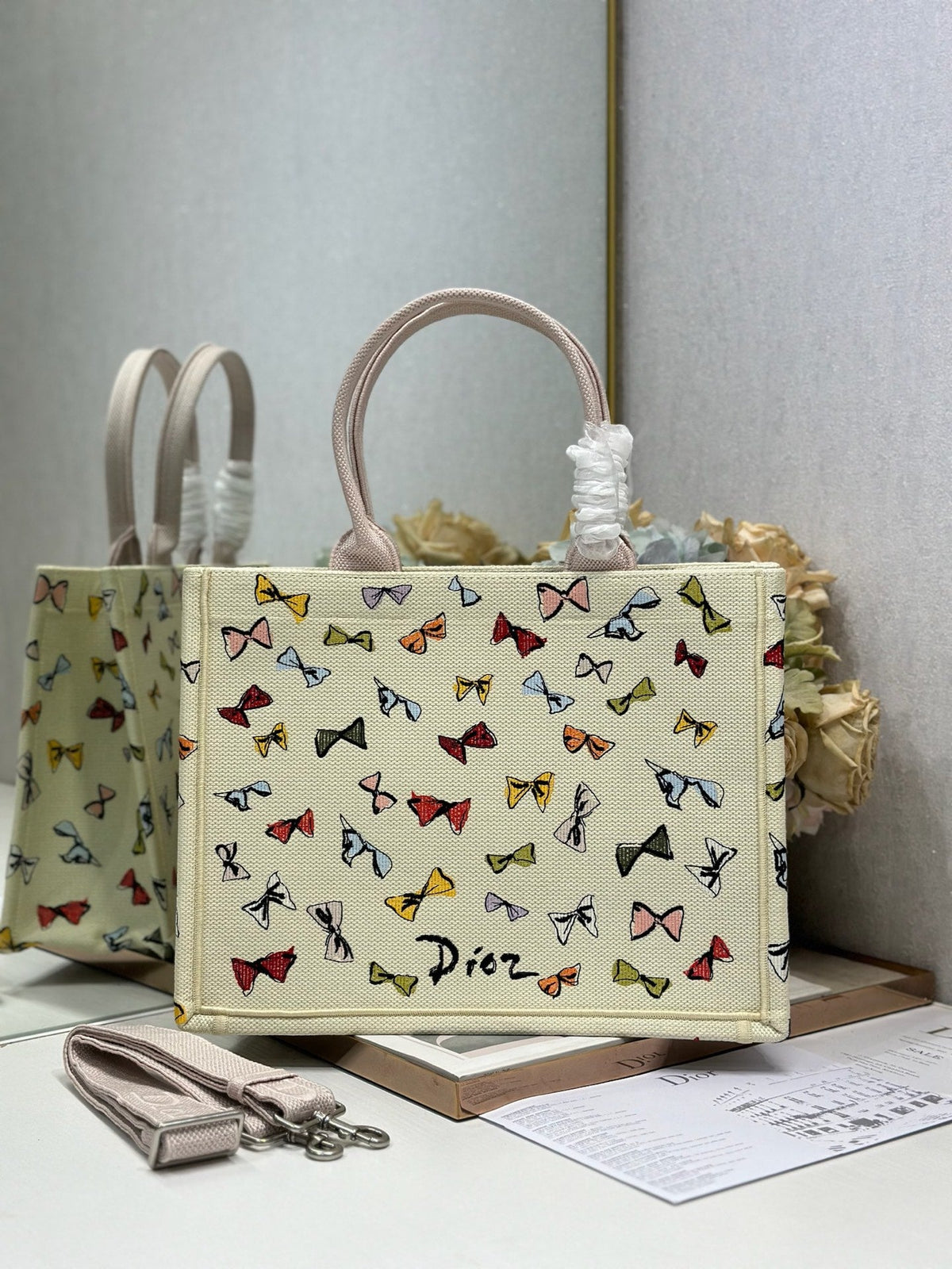 Dior 2026 Dioriviera Book Tote Bow Motif Ivory Pink Embroidery Canvas 289513