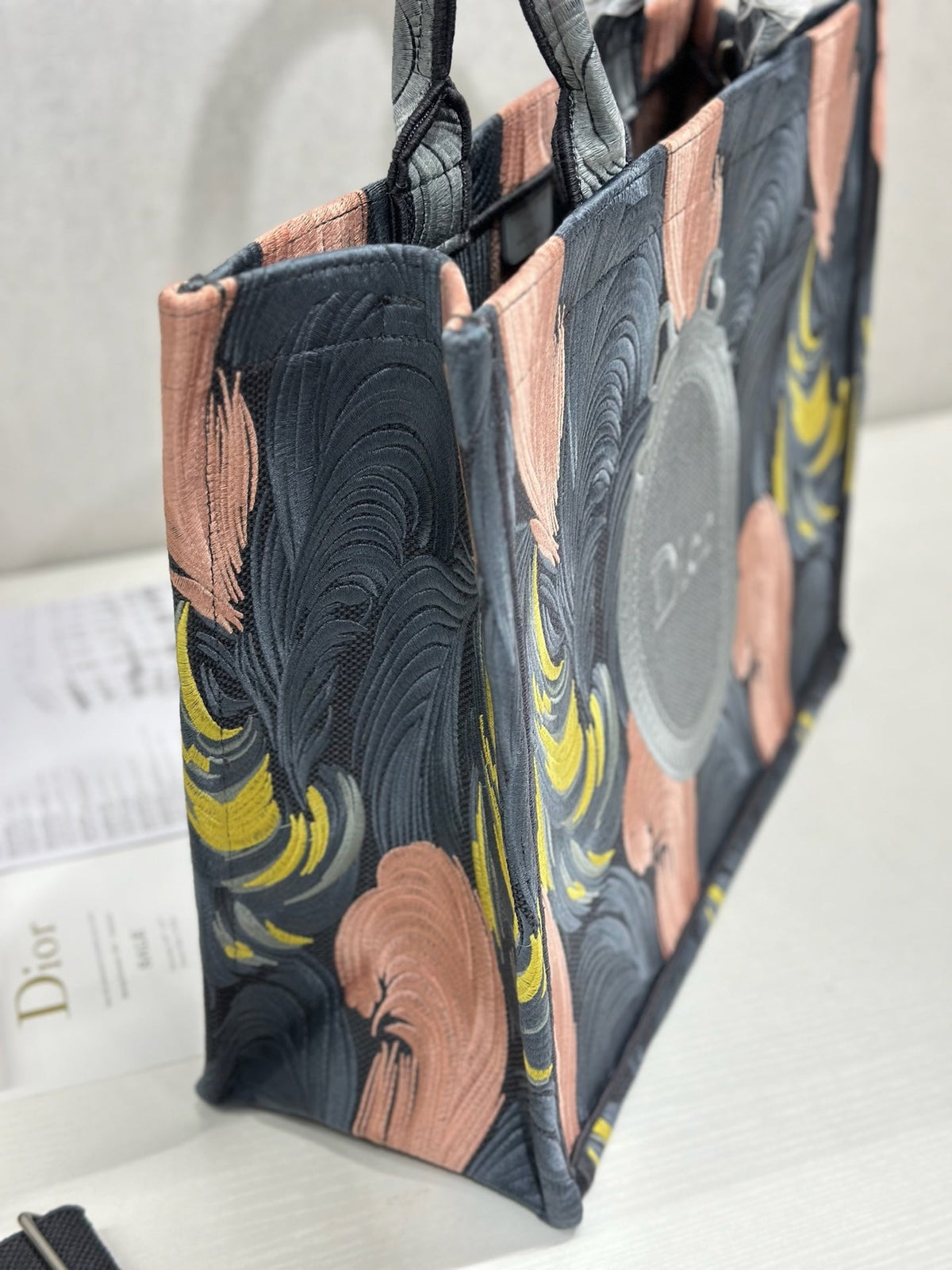 CD Book Tote Pink Grey Leaf Embroidery
