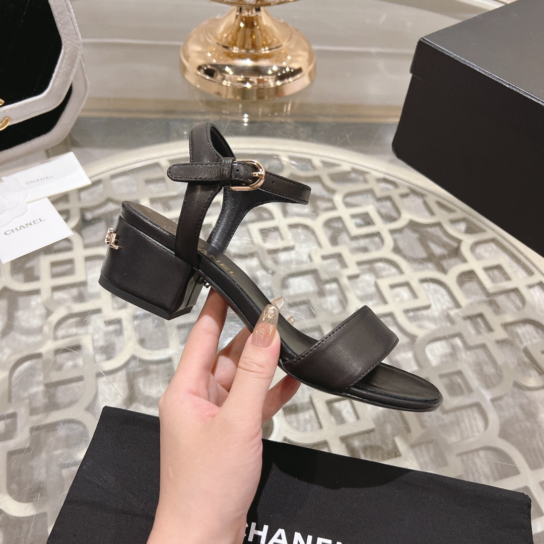 CC 25C 5CM Mid Heed Sandals Black Italian Leather 213315