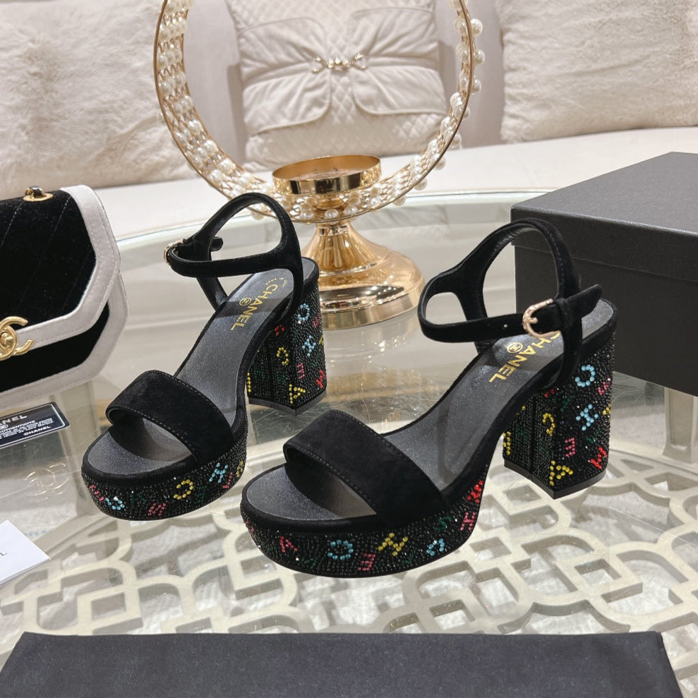 CC 25C 10CM Mid Heed Sandals Black Suede 213328