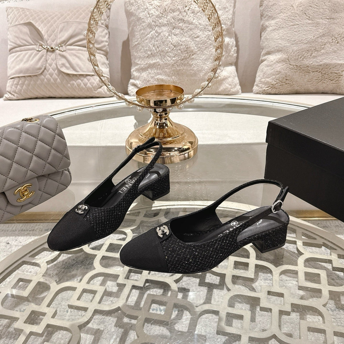 CC 25ss Slingbacks Black 35mm Glitter Fabric & Grosgrain 432609