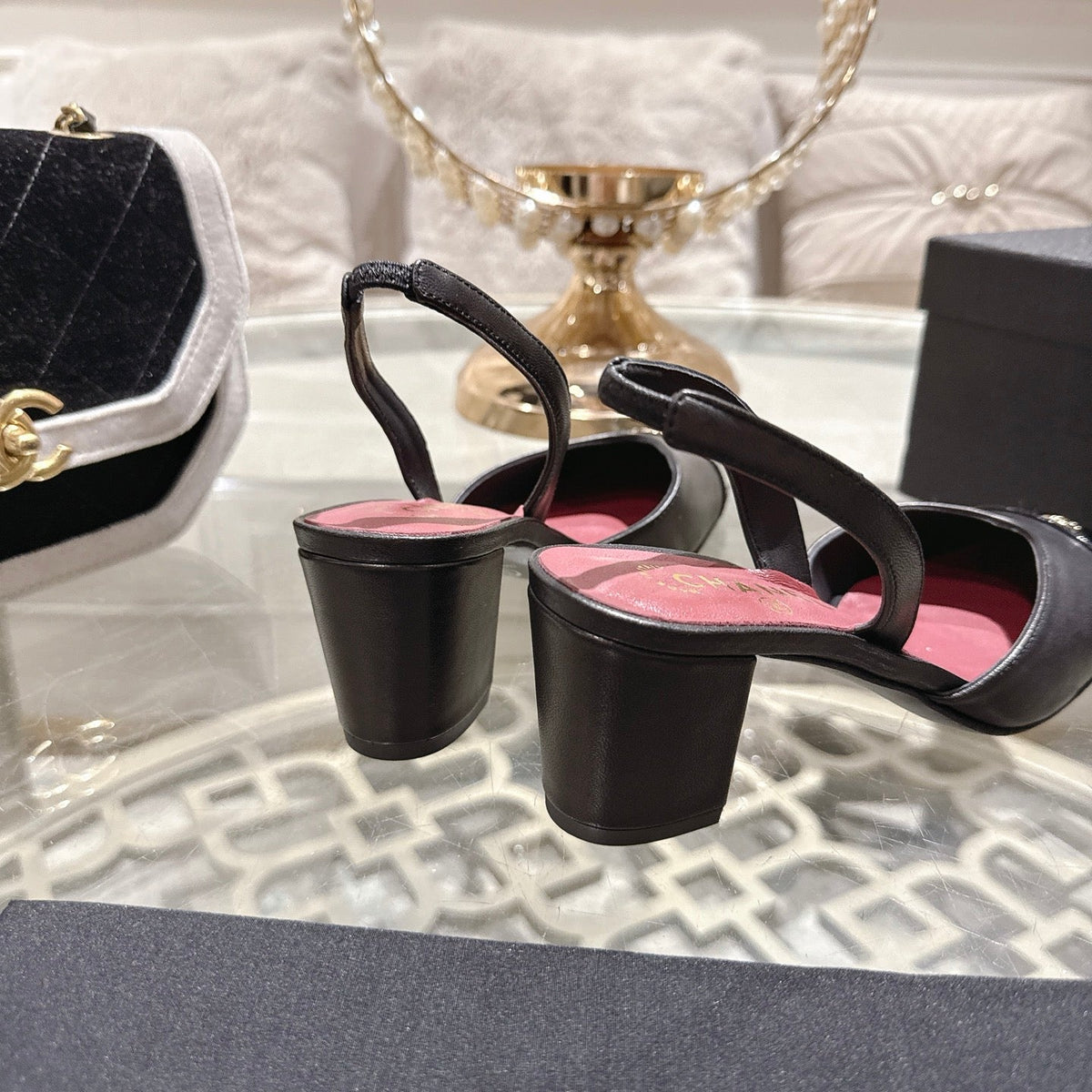 CC 26s Square-Toe High-Heeled Slingbacks 6cm Black Leather 736099