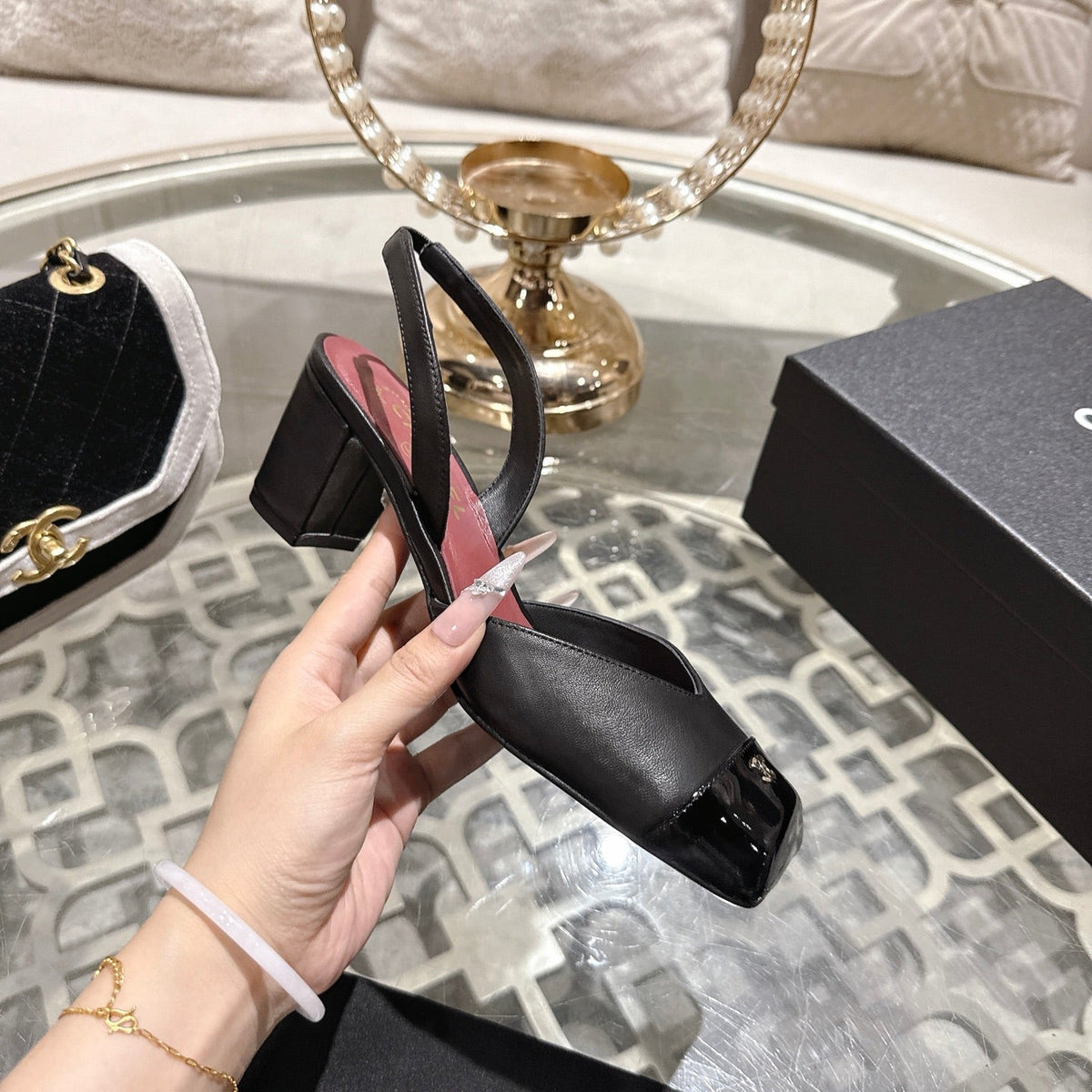 CC 26s Square-Toe High-Heeled Slingbacks 6cm Black Leather 736099