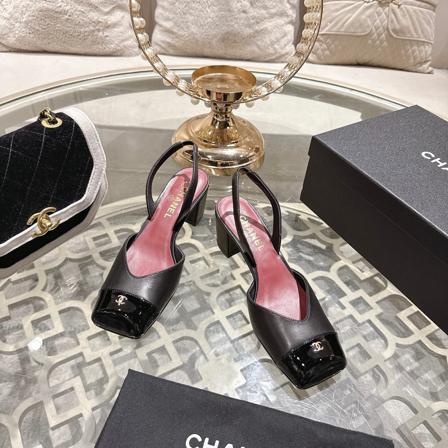 CC 26s Square-Toe High-Heeled Slingbacks 6cm Black Leather 736099