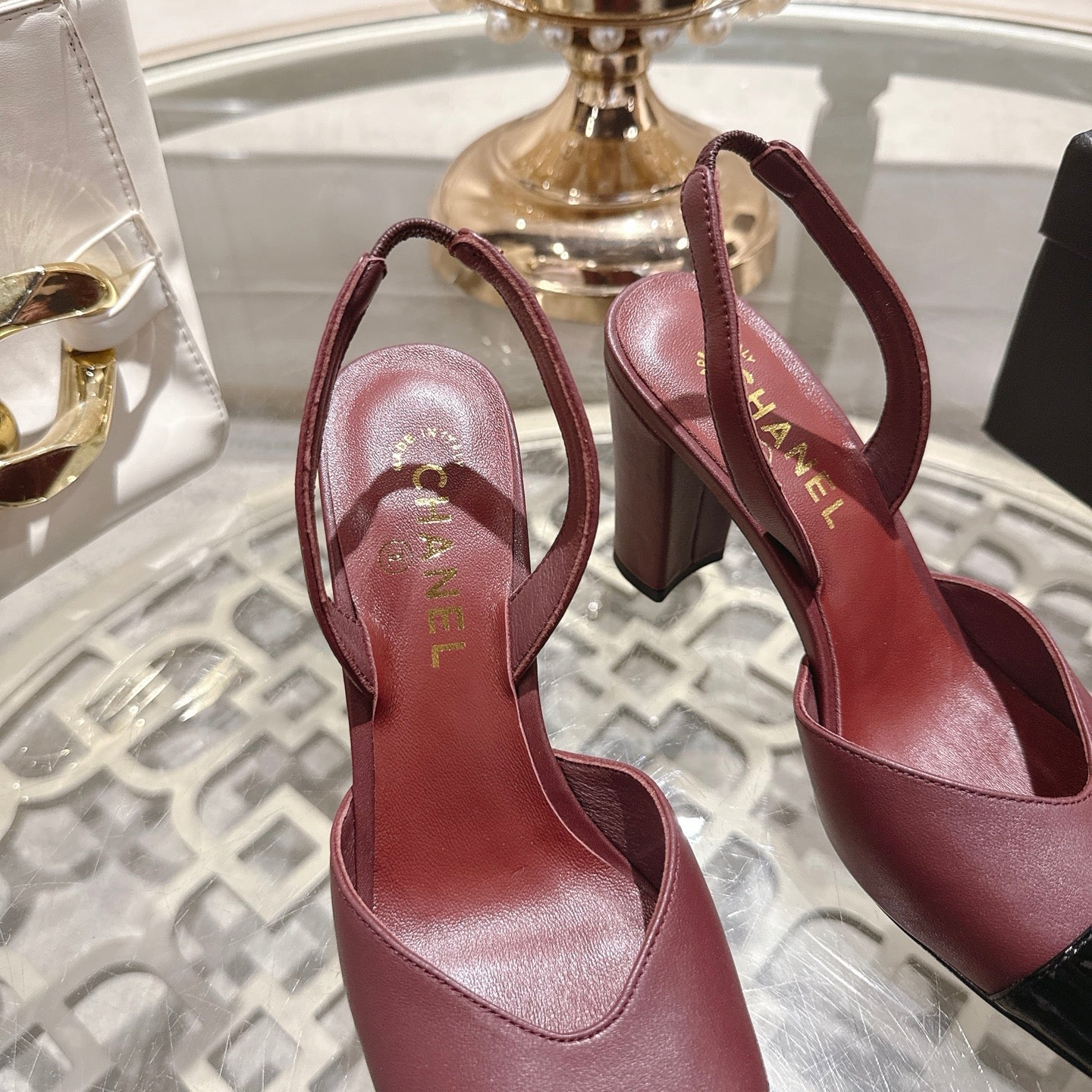 CC 26s Square-Toe High-Heeled Slingbacks 9cm Black Burgundy Leather