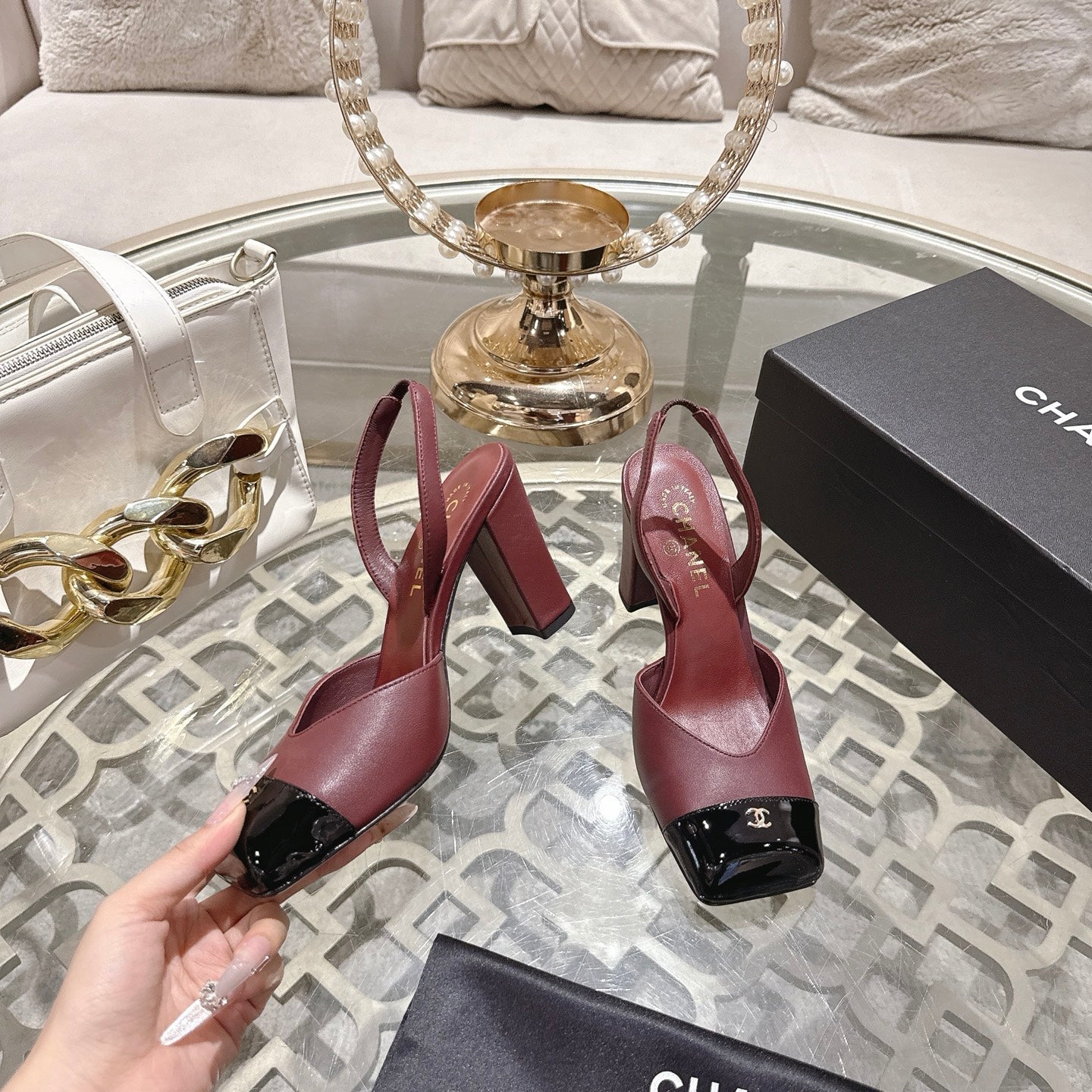 CC 26s Square-Toe High-Heeled Slingbacks 9cm Black Burgundy Leather