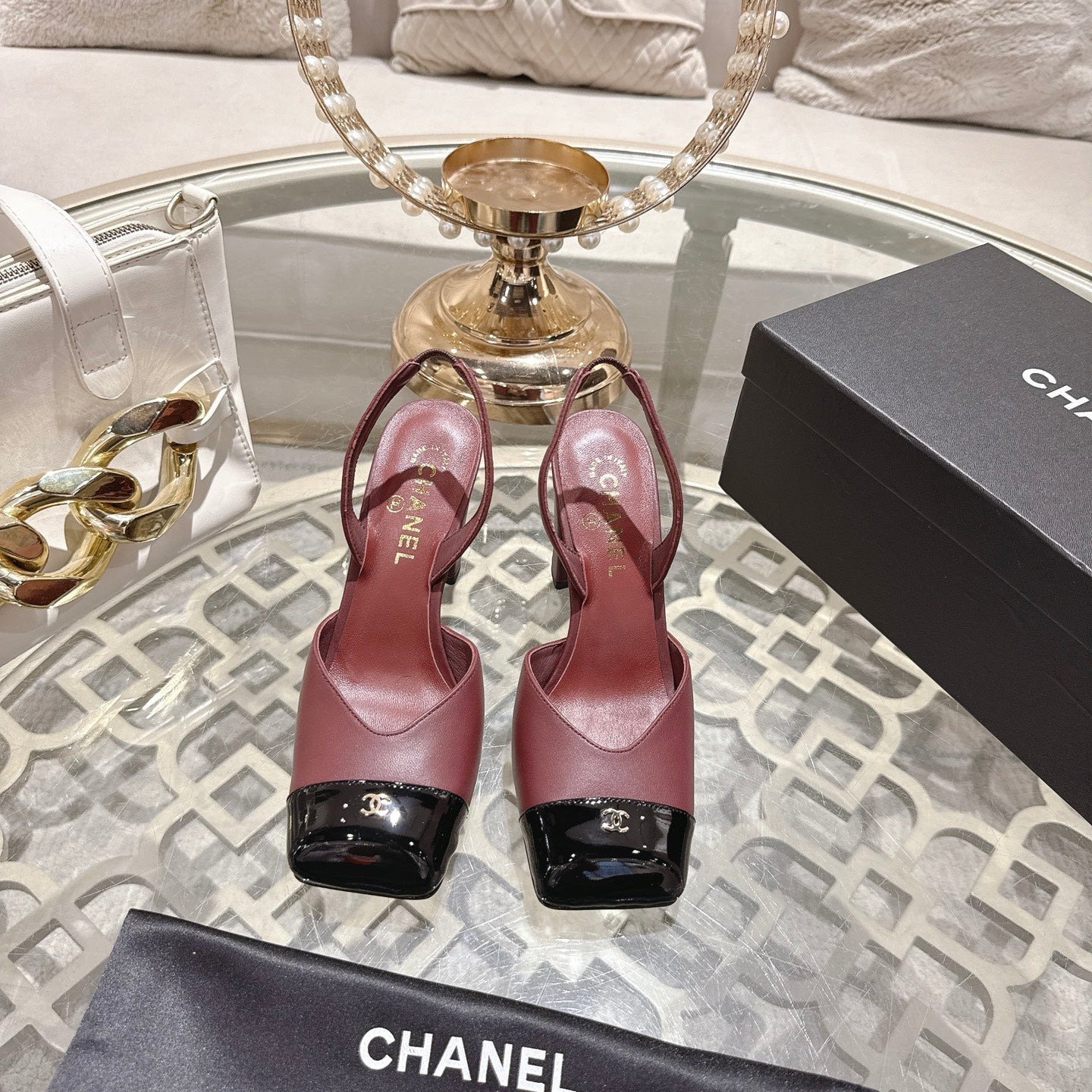 CC 26s Square-Toe High-Heeled Slingbacks 9cm Black Burgundy Leather